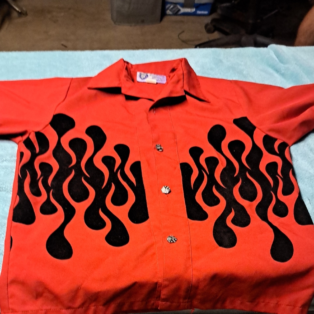 Red Shirt with Black Flame Design
